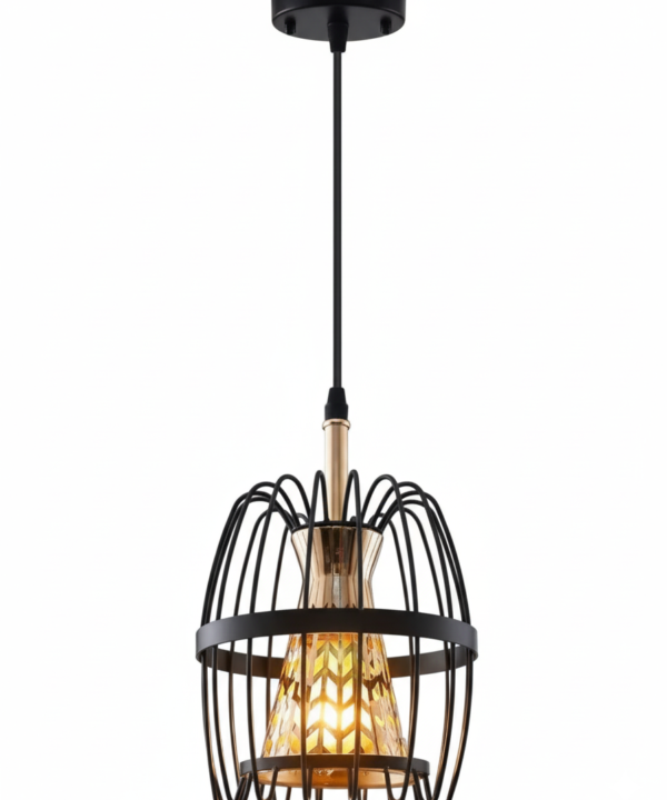Black Oval Cage Pendant with Amber Glass