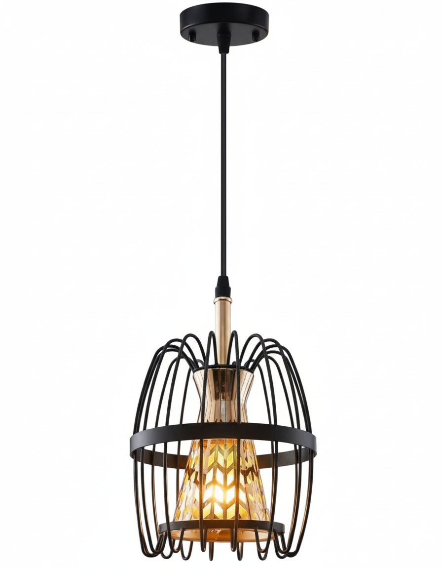 Black Oval Cage Pendant with Amber Glass