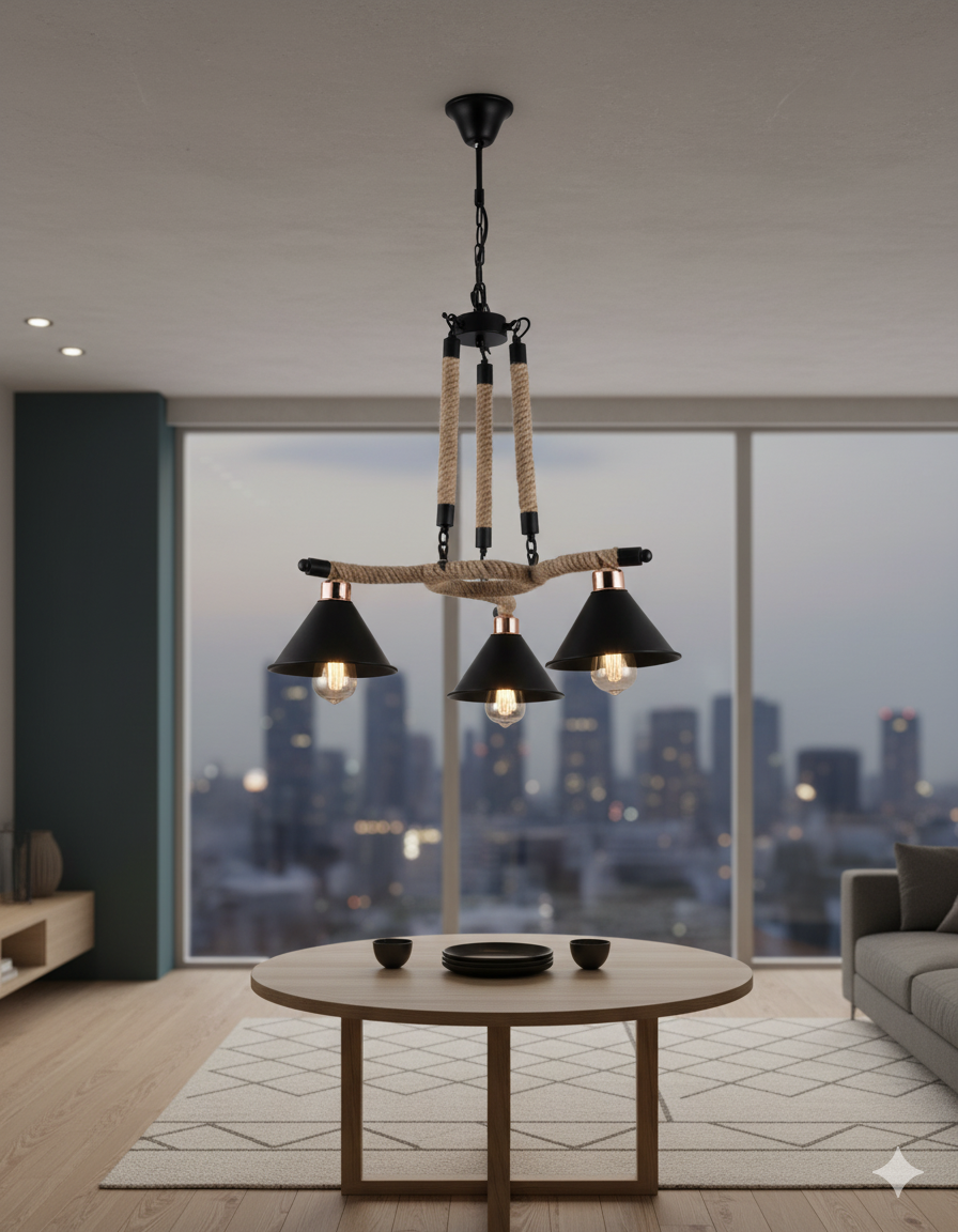 3-Light Hemp Rope Chandelier with Cone Shades - Image 2