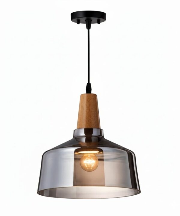 Smoked Glass & Wood Farmhouse Pendant