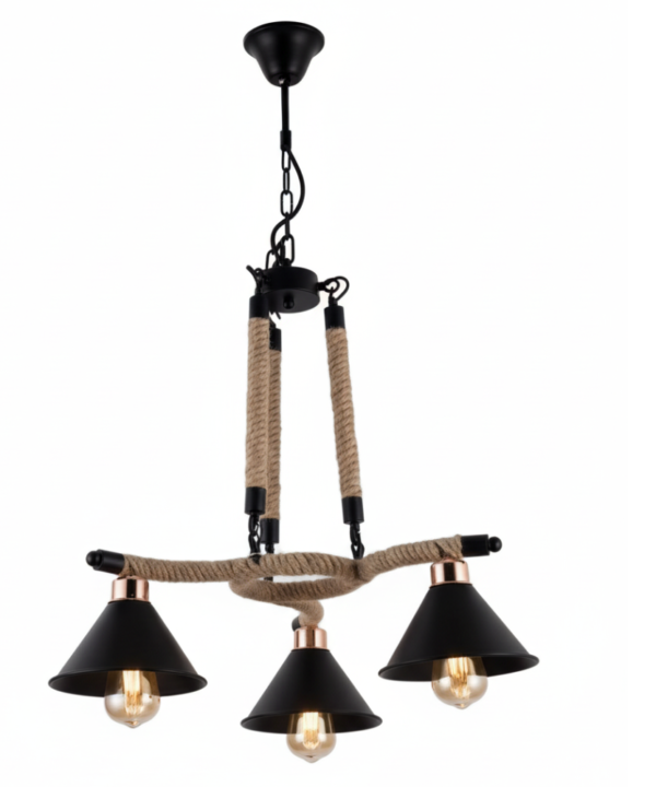 3-Light Hemp Rope Chandelier with Cone Shades